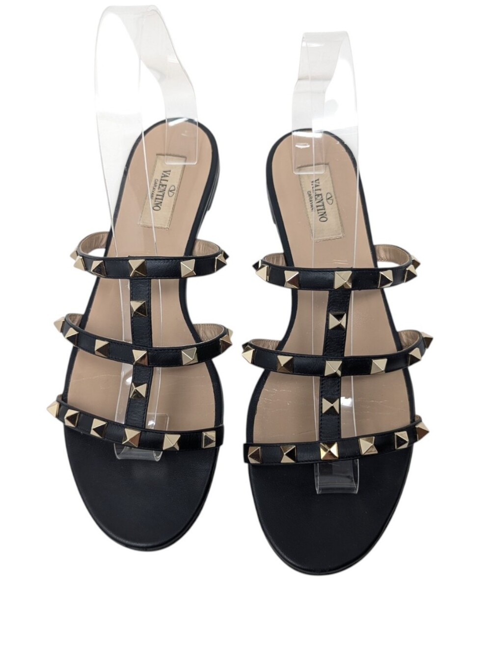 Valentino Garavani Black Gold Rockstud Cage Flat Sandals Size EU 39